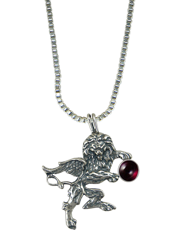 Sterling Silver Winged Lion of the Royal Court Pendant With Garnet